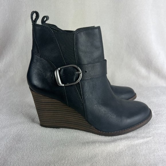 Lucky Brand Yishi Ankle Booties 8.5 Black Leather Stacked Wedge Zip Buck… - Picture 2 of 12